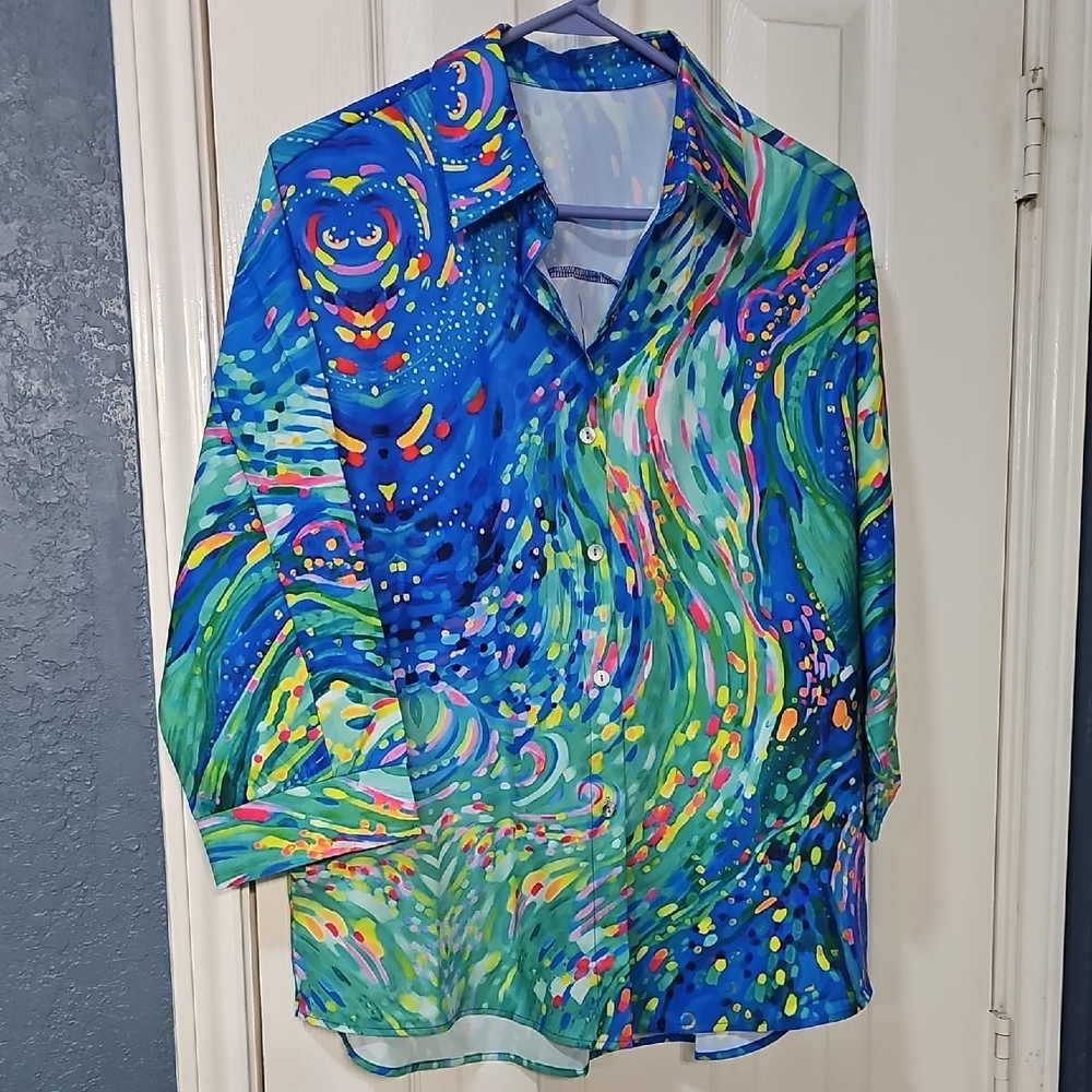 Women's Vibrant Tropical Colorful Abstract Vacation Button Up Blouse XLarge